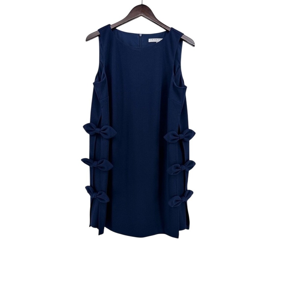 Trina Turk Arlette Crepe Knit Navy Blue Side Bow Sleeveless Shift Bows Dress 10